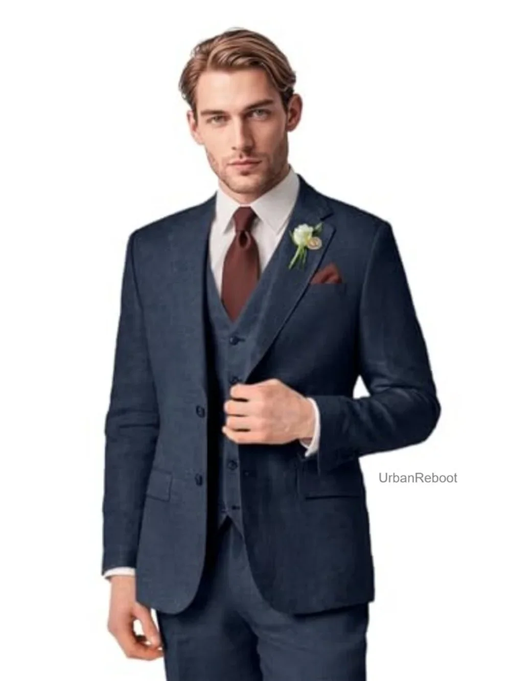 Men's 3-Piece Linen Blend Suit Slim Fit Summer Wedding Party Blazer Set